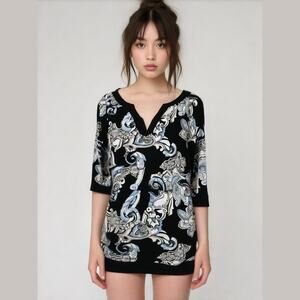WHBM Black White Paisley Floral 3/4 Sleeve Jersey Knit Tunic Top Mini Dress M